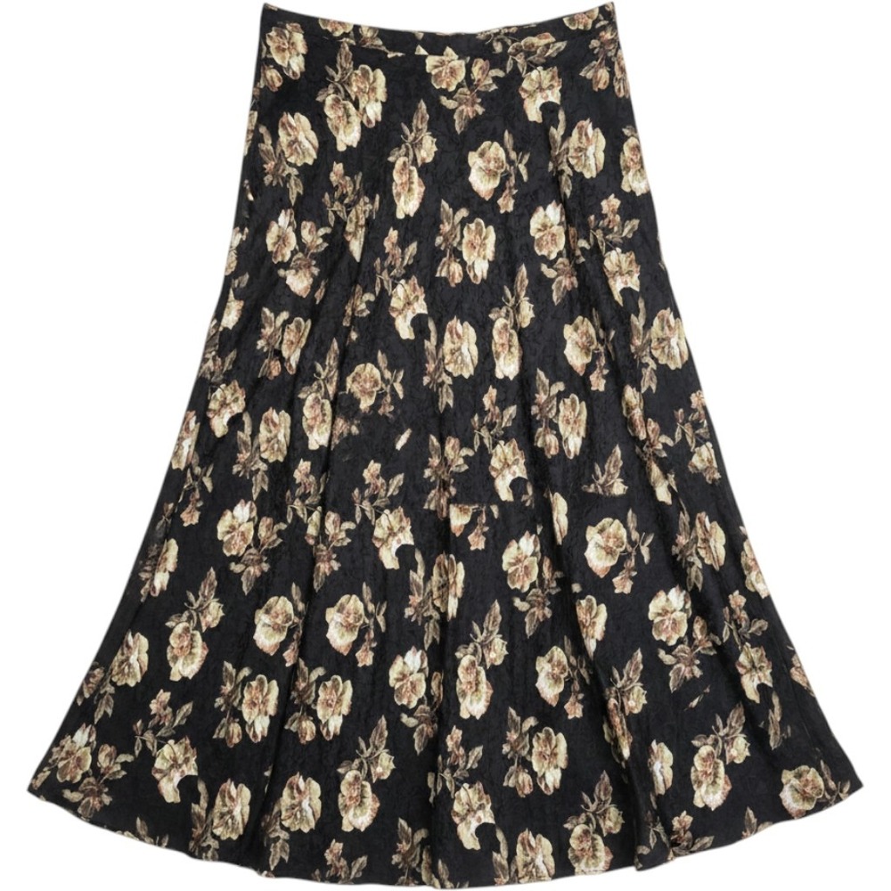 Vintage Jones New York 100% Silk Floral Jacquard Maxi Skirt Black Size 10